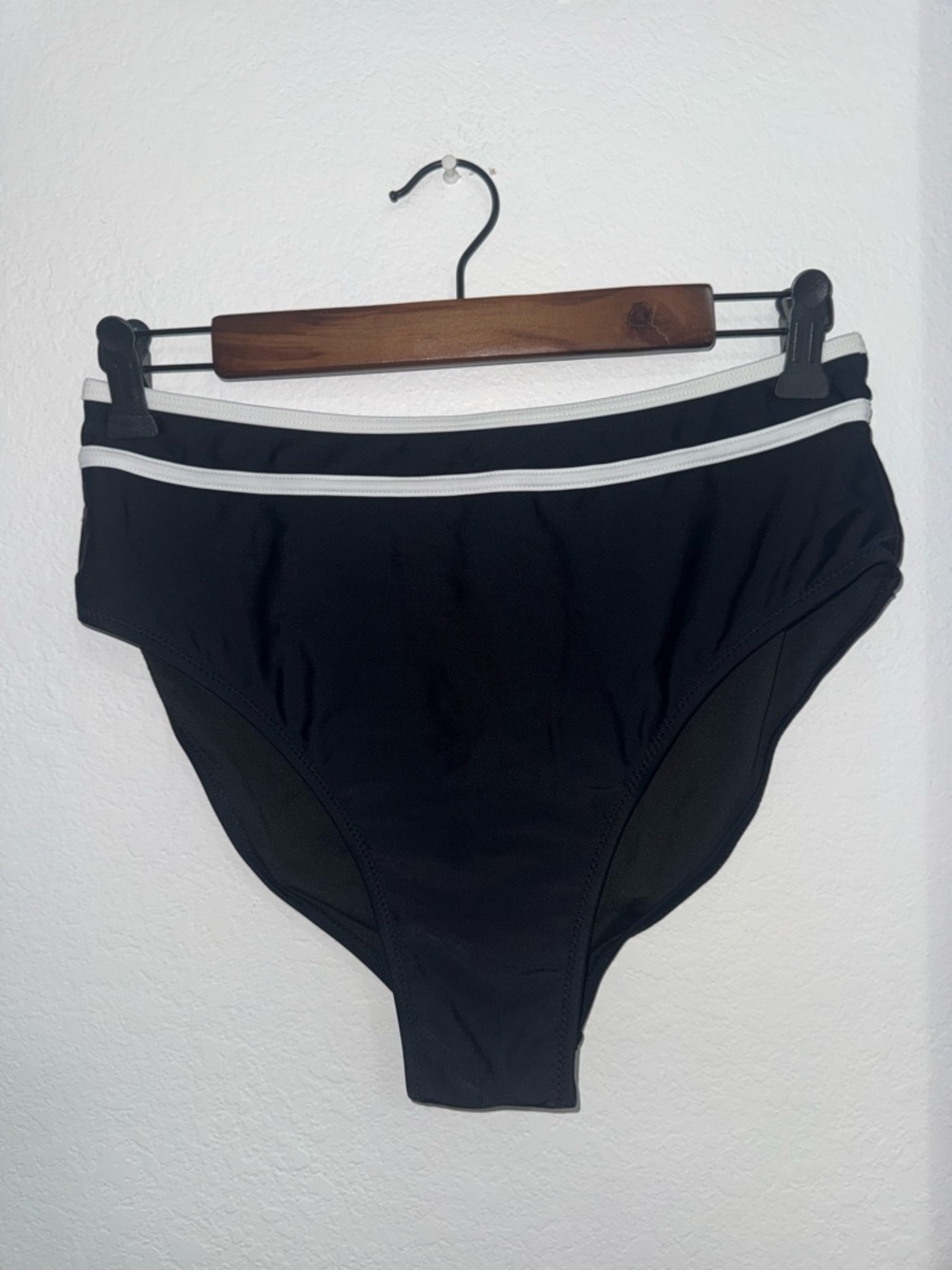 Black High-Waist Bikini Bottom with White Trim